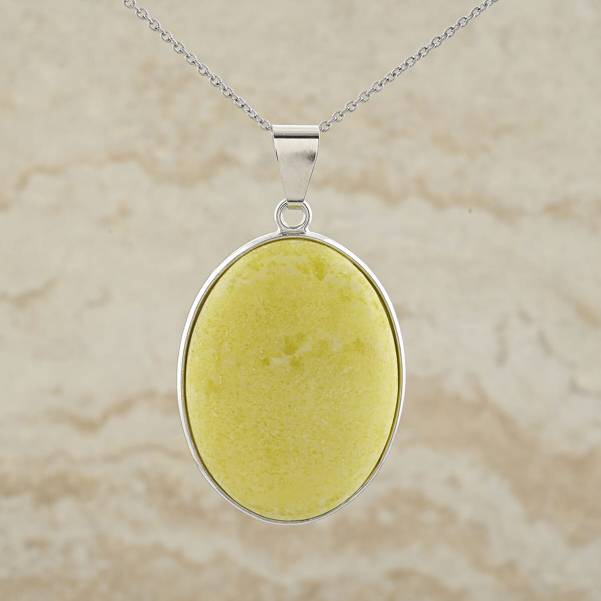 Plain Oval Inlay Frame Pineapple Jasper Pendant in Silvertone with Stainless Steel Necklace (20 Inches) 56.00 ctw image number 1