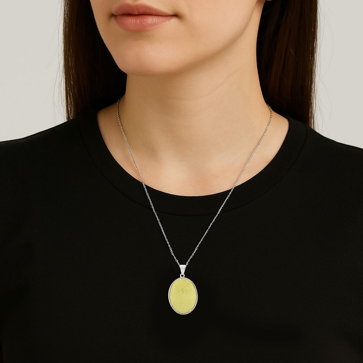 Plain Oval Inlay Frame Pineapple Jasper Pendant in Silvertone with Stainless Steel Necklace (20 Inches) 56.00 ctw image number 2