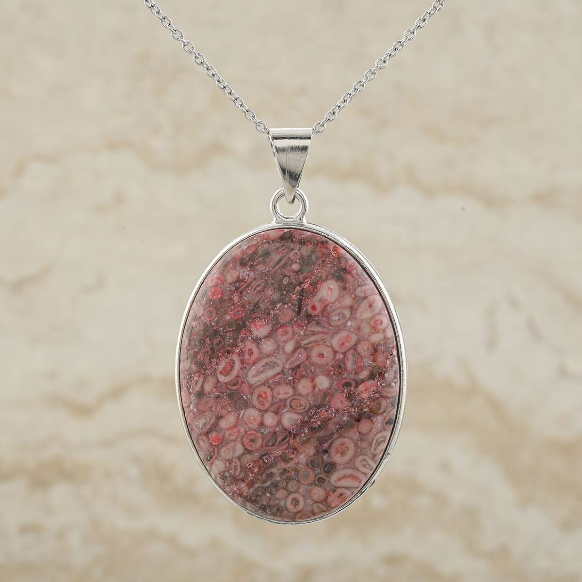 Plain Oval Pink Ocean Jasper 60.00 ctw Pendant in Silvertone with Stainless Steel Necklace (20 Inches) image number 1