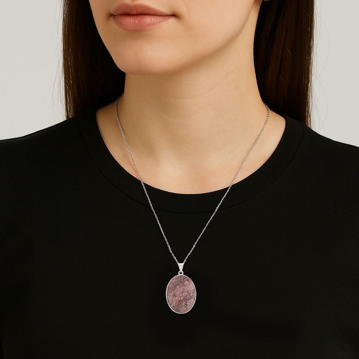 Plain Oval Pink Ocean Jasper 60.00 ctw Pendant in Silvertone with Stainless Steel Necklace (20 Inches) image number 2