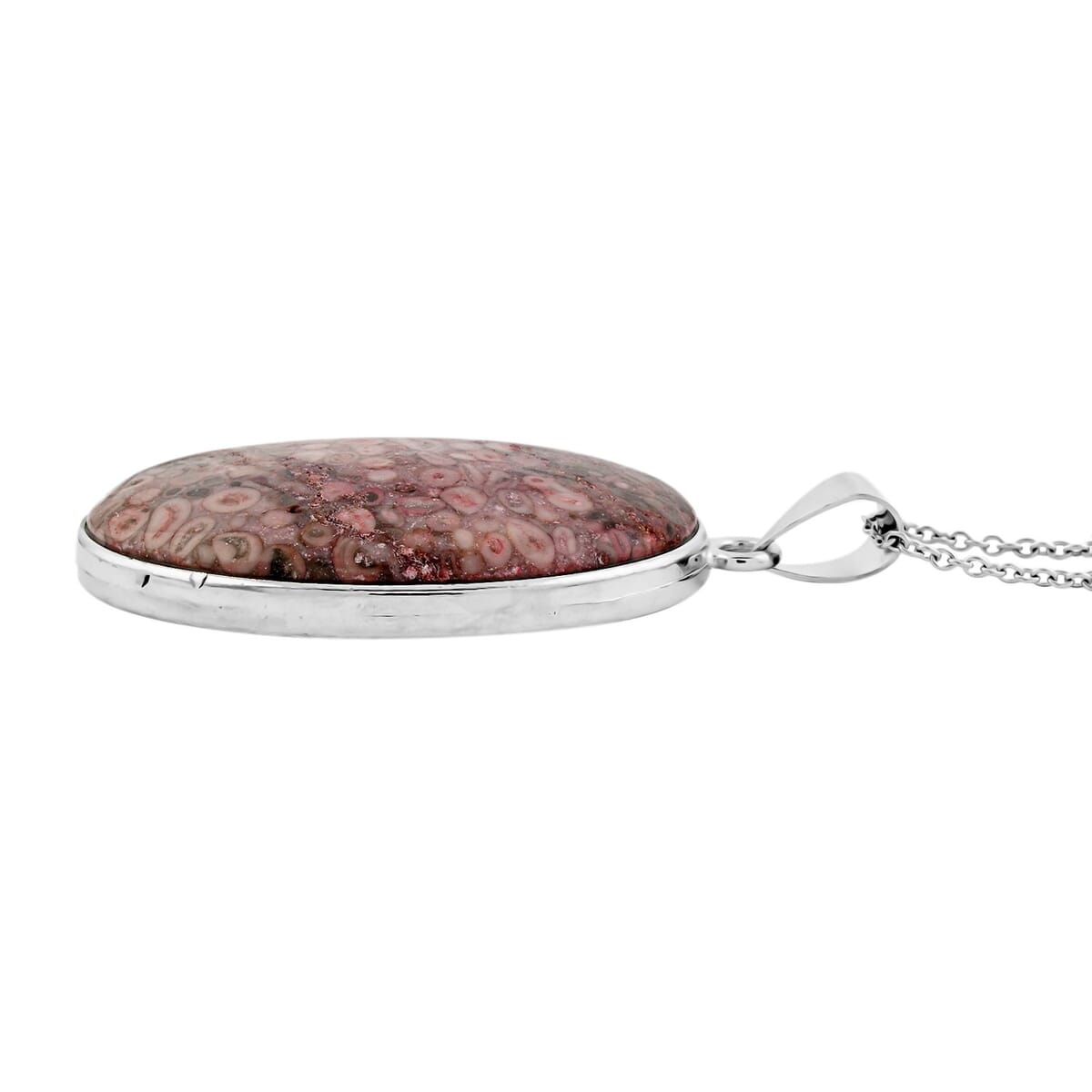 Plain Oval Pink Ocean Jasper 60.00 ctw Pendant in Silvertone with Stainless Steel Necklace (20 Inches) image number 3