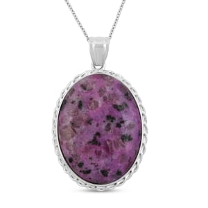 Inlay Classic Fancy Oval Purple Quartz 61.00 ctw Pendant in Silvertone with Stainless Steel Necklace 20 Inches 