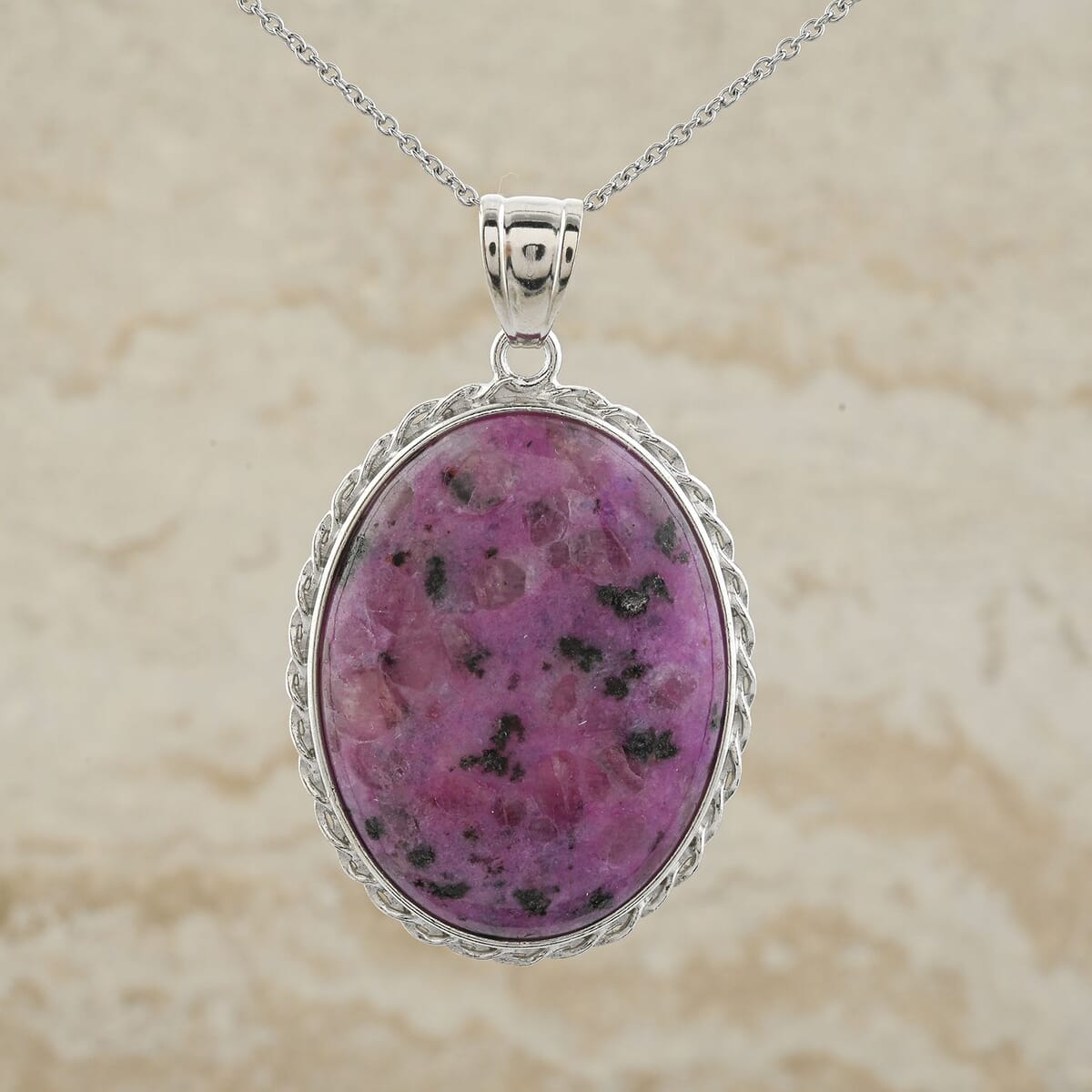 Inlay Classic Fancy Oval Purple Quartz 61.00 ctw Pendant in Silvertone with Stainless Steel Necklace 20 Inches  image number 1