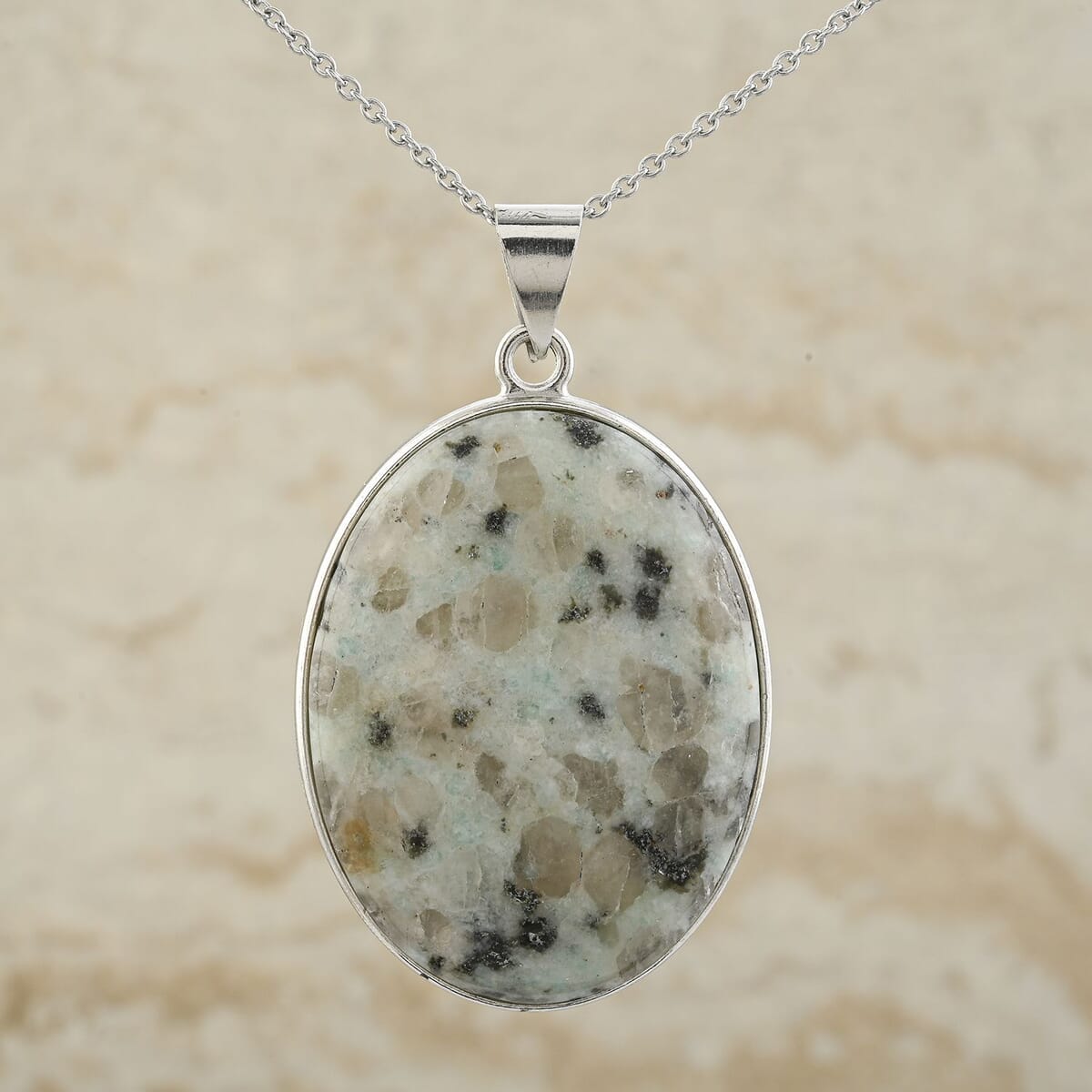 Plain Oval Inlay Frame Sesame Jasper 63.00 ctw Pendant in Silvertone with Stainless Steel Necklace (20 Inches) image number 1