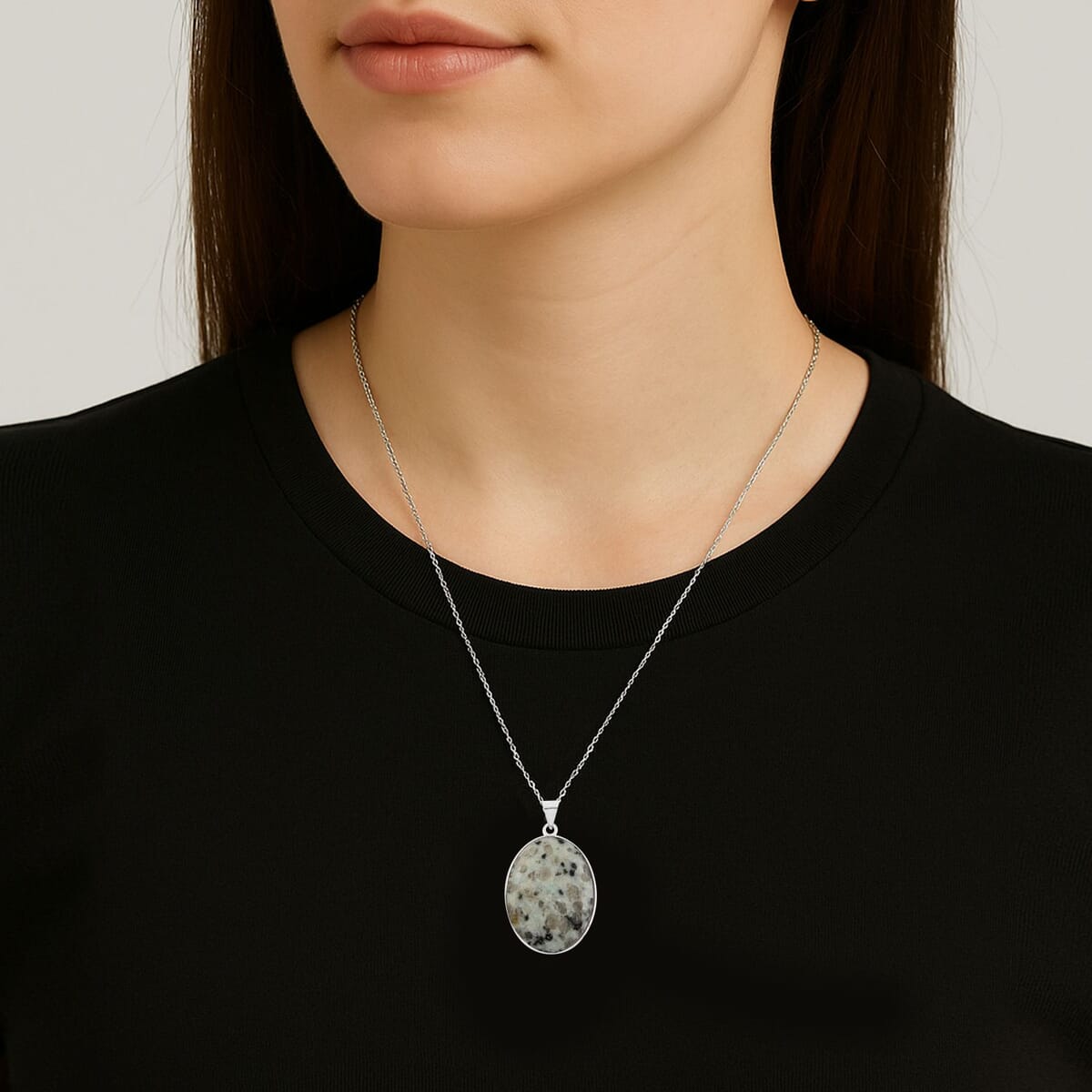 Plain Oval Inlay Frame Sesame Jasper 63.00 ctw Pendant in Silvertone with Stainless Steel Necklace (20 Inches) image number 2