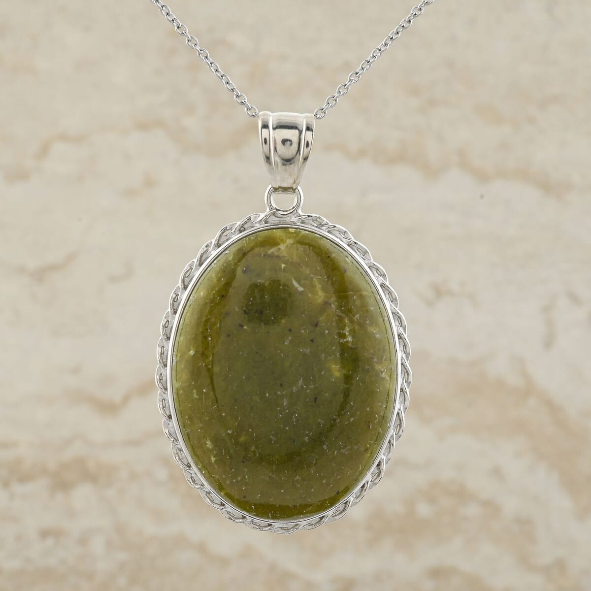 Classic Oval China BC Serpentine 66.00 ctw Pendant in Silvertone with Stainless Steel Necklace (20 Inches) image number 1