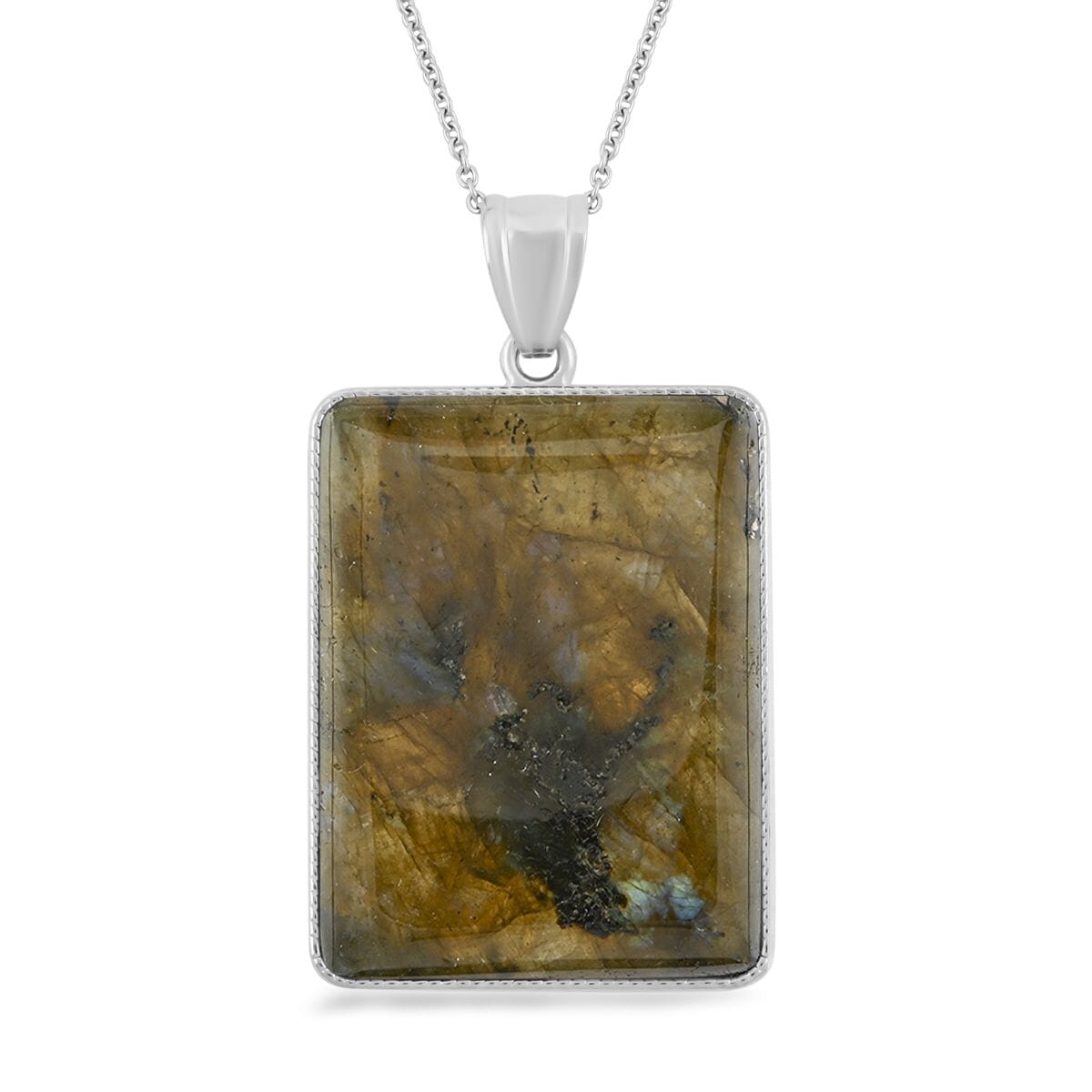 Plain Rectangle Hand-Polished Labradorite 96.00 ctw Pendant in Silvertone with Stainless Steel Necklace (20 Inches) image number 0