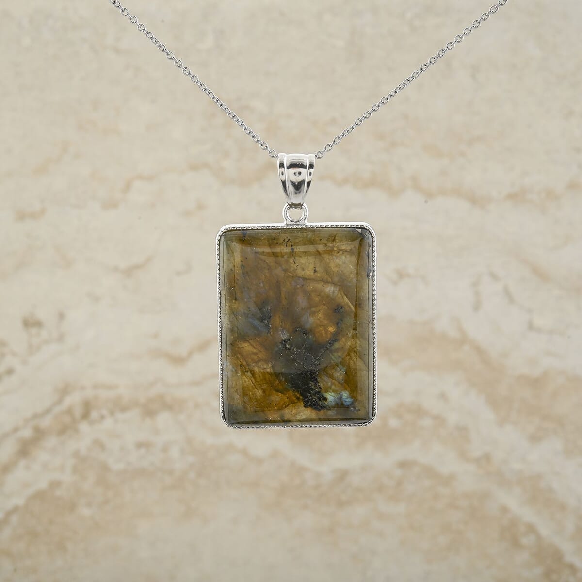 Plain Rectangle Hand-Polished Labradorite 96.00 ctw Pendant in Silvertone with Stainless Steel Necklace (20 Inches) image number 1