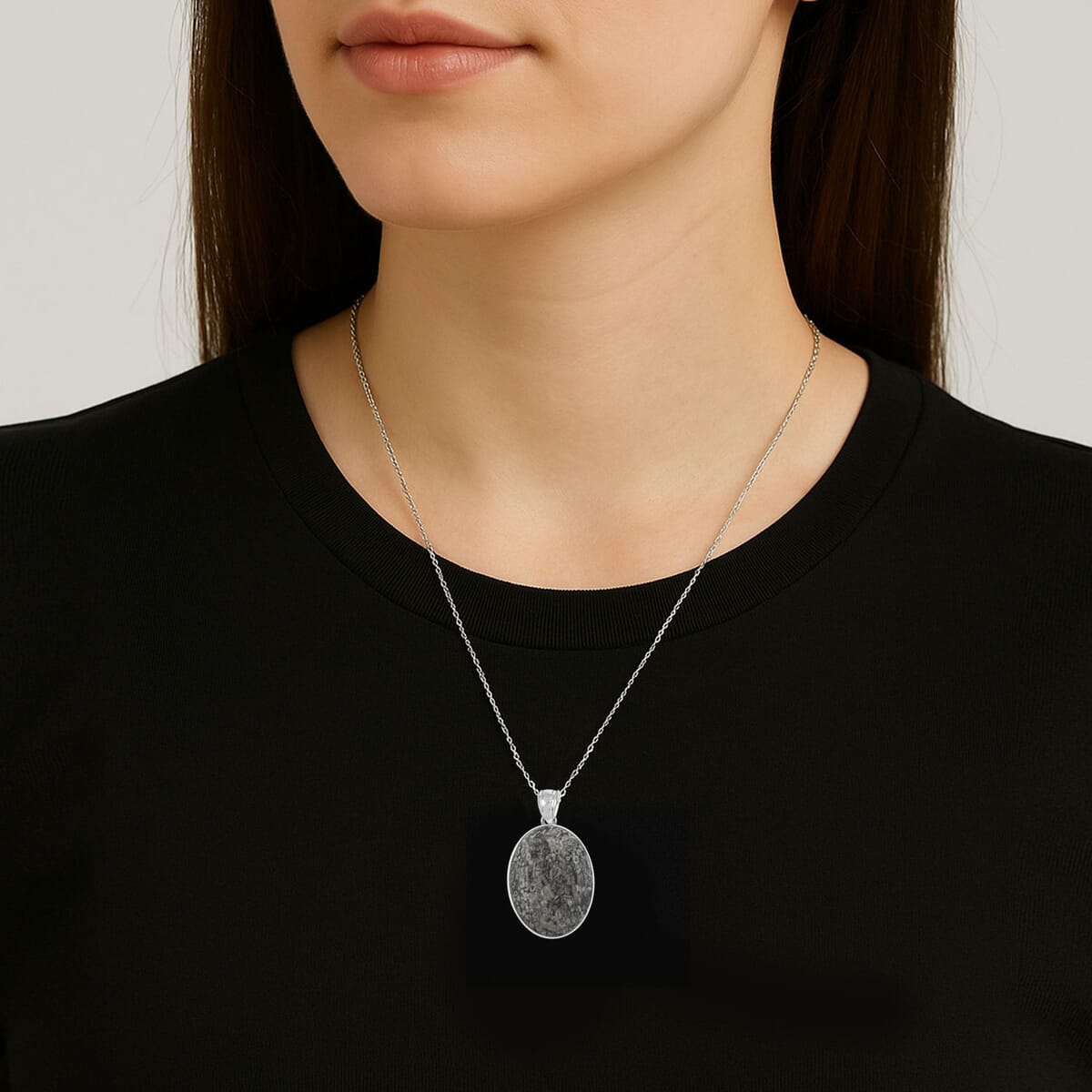 Plain Oval Inlay Frame Hand-Polished Fossil Insect Jasper 67.00 ctw Pendant in Silvertone with Stainless Steel Necklace (20 Inches) image number 2