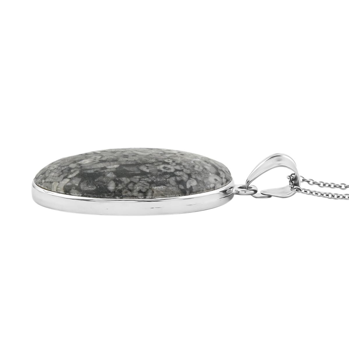 Plain Oval Inlay Frame Hand-Polished Fossil Insect Jasper 67.00 ctw Pendant in Silvertone with Stainless Steel Necklace (20 Inches) image number 3
