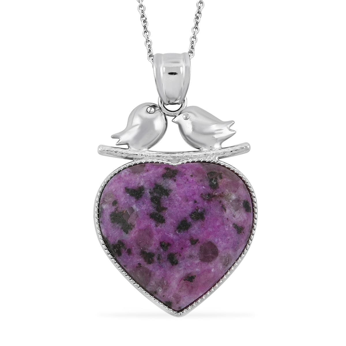 Inlay Heart Love-Bird Purple Quartz 51.00 ctw Pendant in Silvertone with Stainless Steel Necklace (20 Inches) image number 0