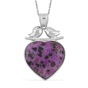Inlay Heart Love-Bird Purple Quartz 51.00 ctw Pendant in Silvertone with Stainless Steel Necklace (20 Inches)