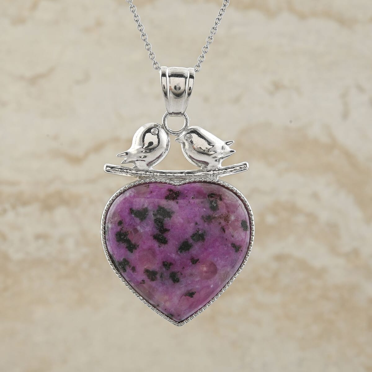 Inlay Heart Love-Bird Purple Quartz 51.00 ctw Pendant in Silvertone with Stainless Steel Necklace (20 Inches) image number 1