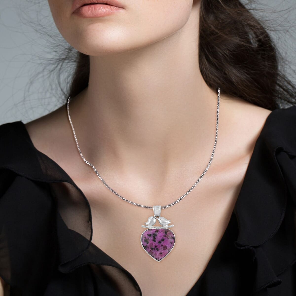 Inlay Heart Love-Bird Purple Quartz 51.00 ctw Pendant in Silvertone with Stainless Steel Necklace (20 Inches) image number 2