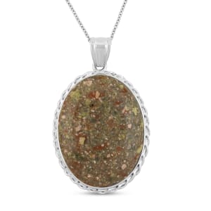 Classic Oval Autumn Jasper 68.00 ctw Pendant in Silvertone with Stainless Steel Necklace (20 Inches)