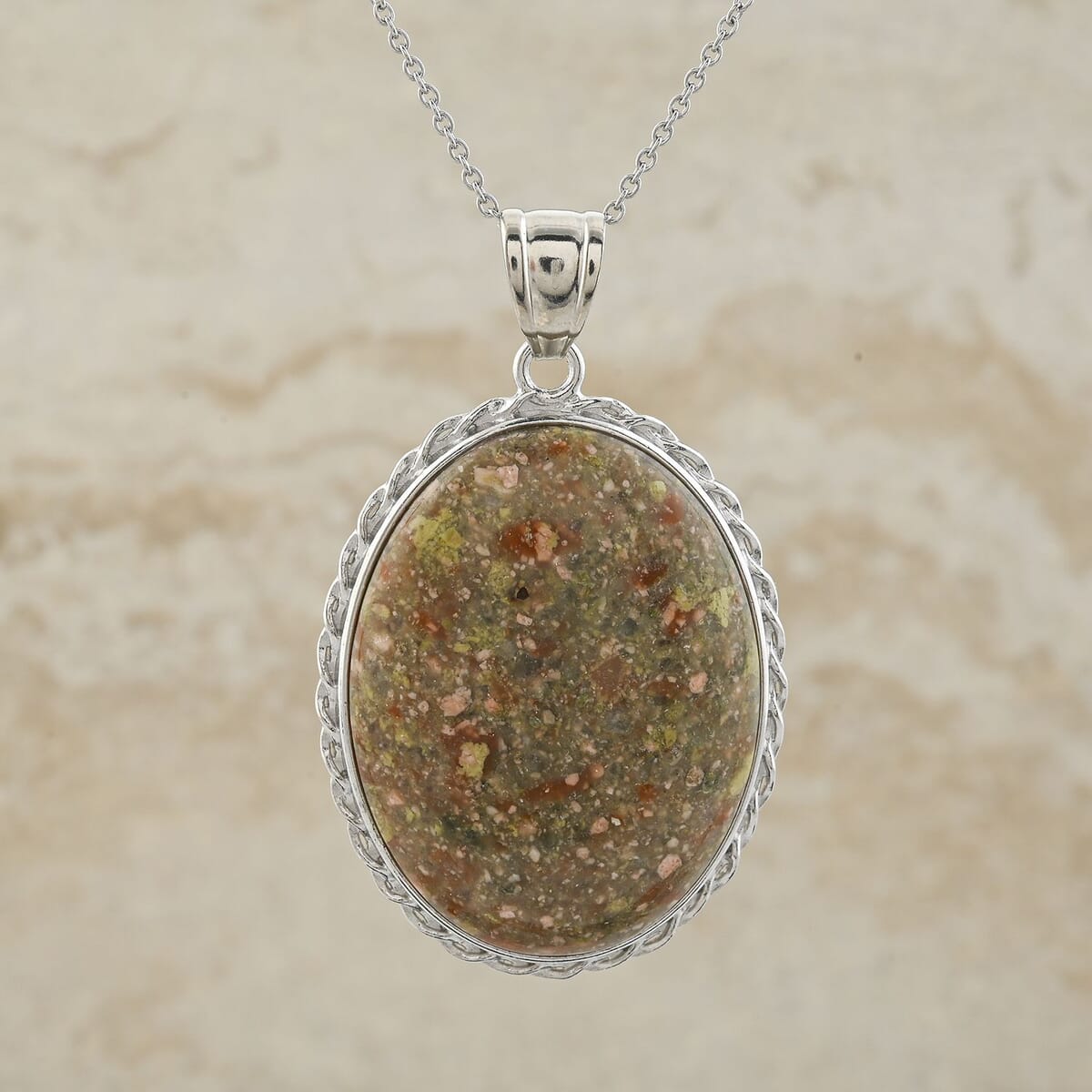 Classic Oval Autumn Jasper 68.00 ctw Pendant in Silvertone with Stainless Steel Necklace (20 Inches) image number 1