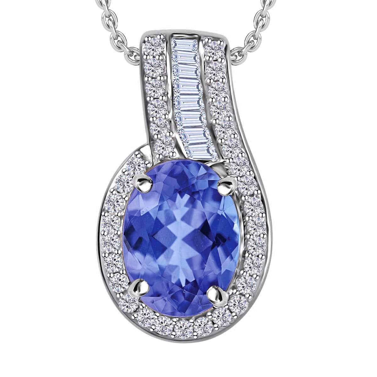 Luxoro Premium Tanzanite and G-H I1 Diamond 1.55 ctw Halo Pendant Necklace 20 Inches in 14K White Gold image number 0