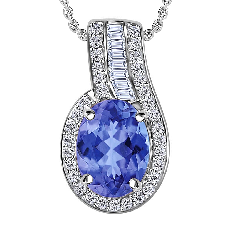 Luxoro Premium Tanzanite and G-H I1 Diamond 1.55 ctw Halo Pendant Necklace 20 Inches in 14K White Gold