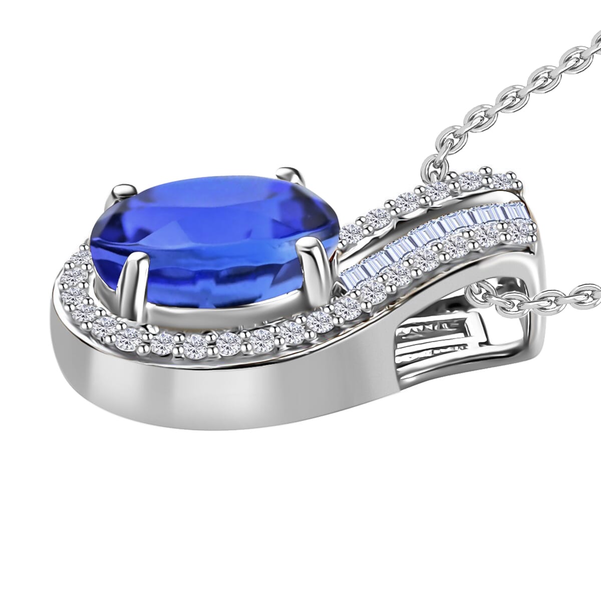 Luxoro Premium Tanzanite and G-H I1 Diamond 1.55 ctw Halo Pendant Necklace 20 Inches in 14K White Gold image number 2