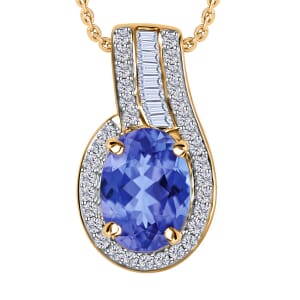 Luxoro Premium Tanzanite and G-H I1 Diamond Halo 1.55 ctw Pendant Necklace 20 Inches in 14K Yellow Gold