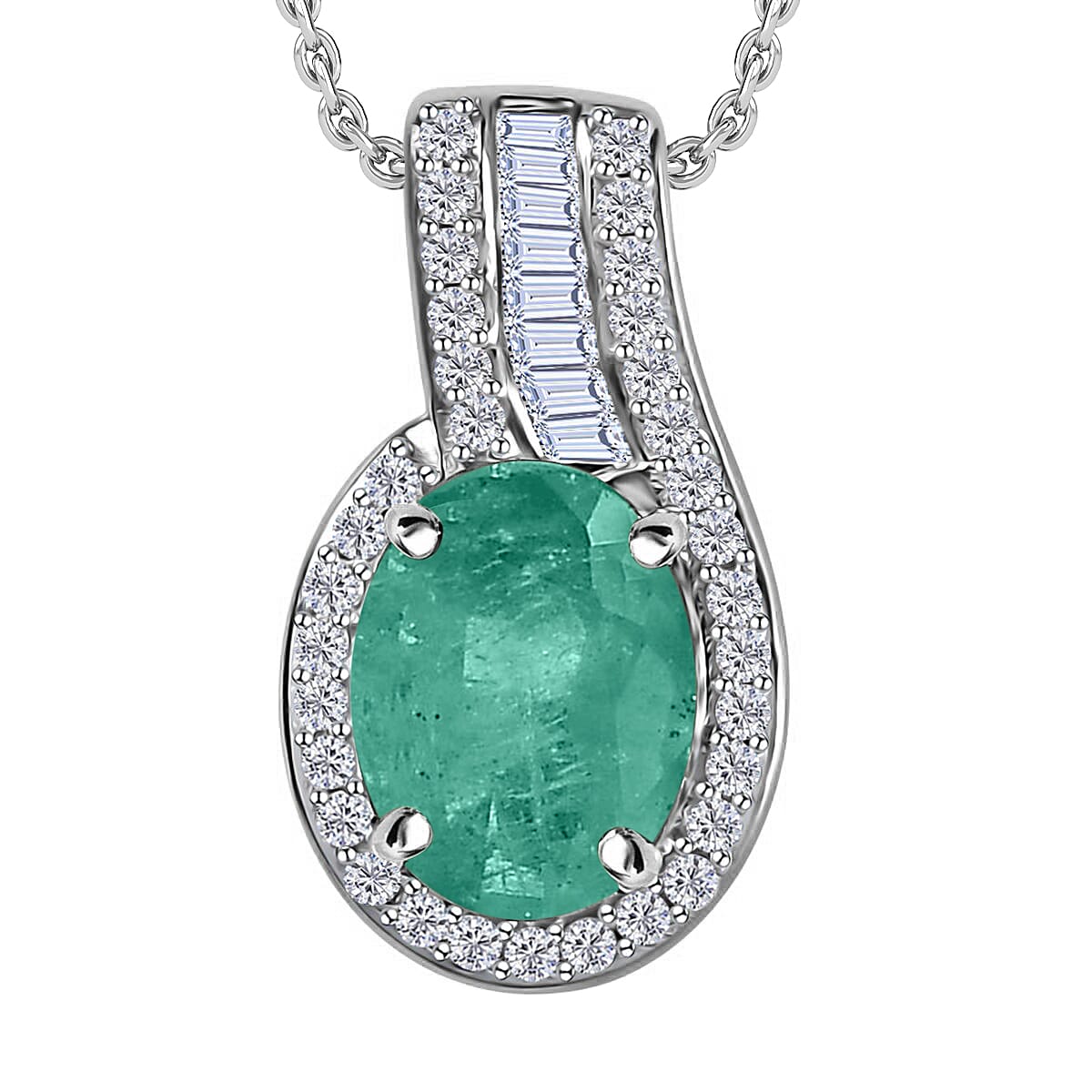 Luxoro 14K White Gold Premium Kagem Zambian Emerald, Diamond (G-H, I1) (0.19 cts) Pendant Necklace 20 Inches 1.55 ctw image number 0
