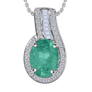 Luxoro 14K White Gold Premium Kagem Zambian Emerald, Diamond (G-H, I1) (0.19 cts) Pendant Necklace 20 Inches 1.55 ctw