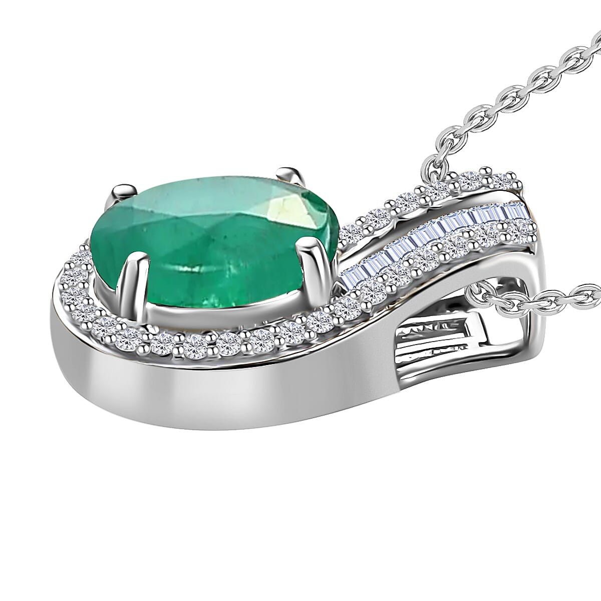 Luxoro 14K White Gold Premium Kagem Zambian Emerald, Diamond (G-H, I1) (0.19 cts) Pendant Necklace 20 Inches 1.55 ctw image number 2