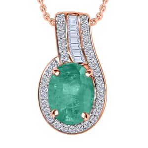 Luxoro Premium Kagem Zambian Emerald and G-H I1 Diamond 1.55 ctw Pendant Necklace 20 Inches in 14K Rose Gold