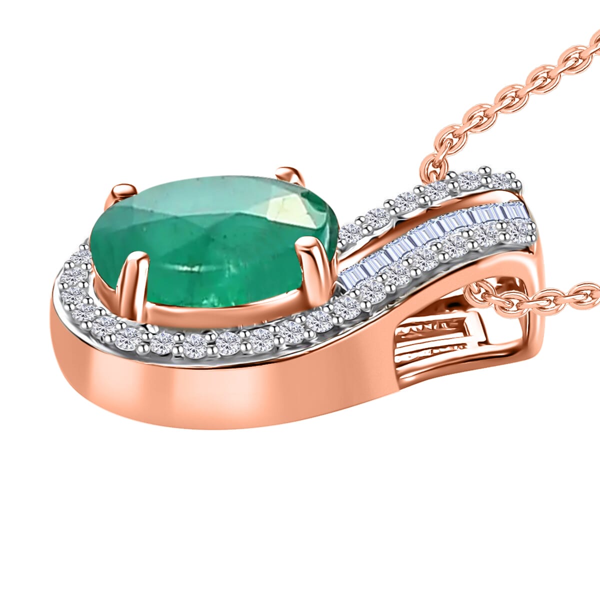 Luxoro Premium Kagem Zambian Emerald and G-H I1 Diamond 1.55 ctw Pendant Necklace 20 Inches in 14K Rose Gold image number 2