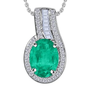 Rhapsody 18K White Gold AAAA Kagem Zambian Emerald, Diamond E-F VS2 (0.19 cts) Pendant Necklace 20 Inches 1.55 ctw