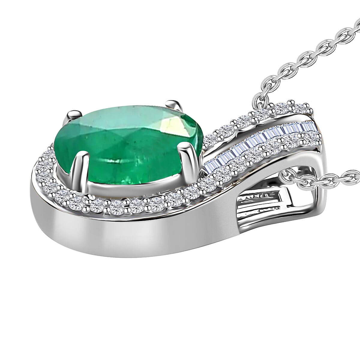 Rhapsody 18K White Gold AAAA Kagem Zambian Emerald, Diamond E-F VS2 (0.19 cts) Pendant Necklace 20 Inches 1.55 ctw image number 2