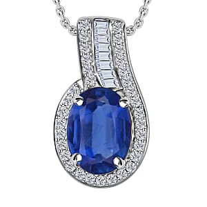 Luxoro 14K White Gold Premium Kanchanaburi Blue Sapphire, Diamond (G-H, I1) (0.19 cts) Pendant Necklace 20 Inches 1.55 ctw