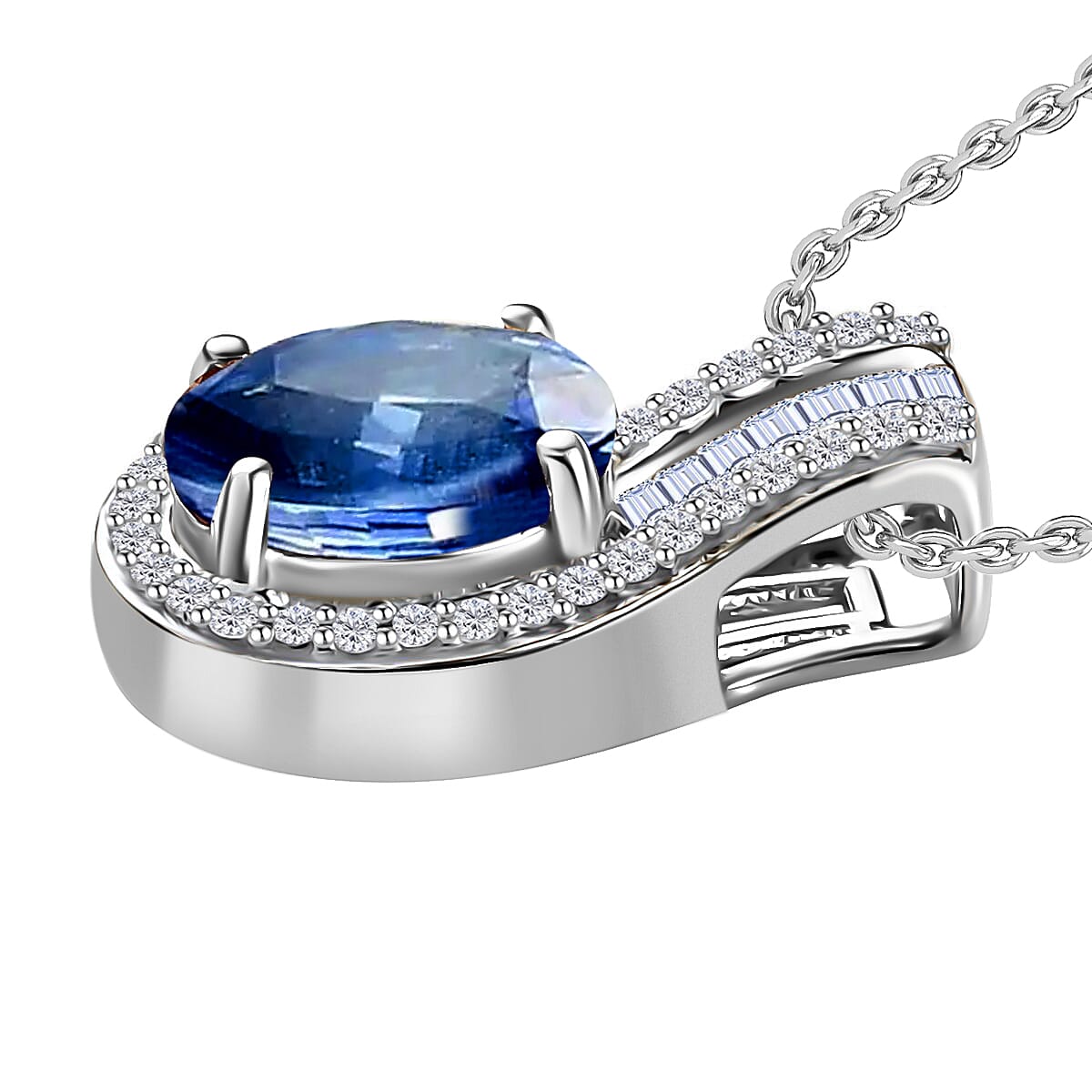 Luxoro 14K White Gold Premium Kanchanaburi Blue Sapphire, Diamond (G-H, I1) (0.19 cts) Pendant Necklace 20 Inches 1.55 ctw image number 2