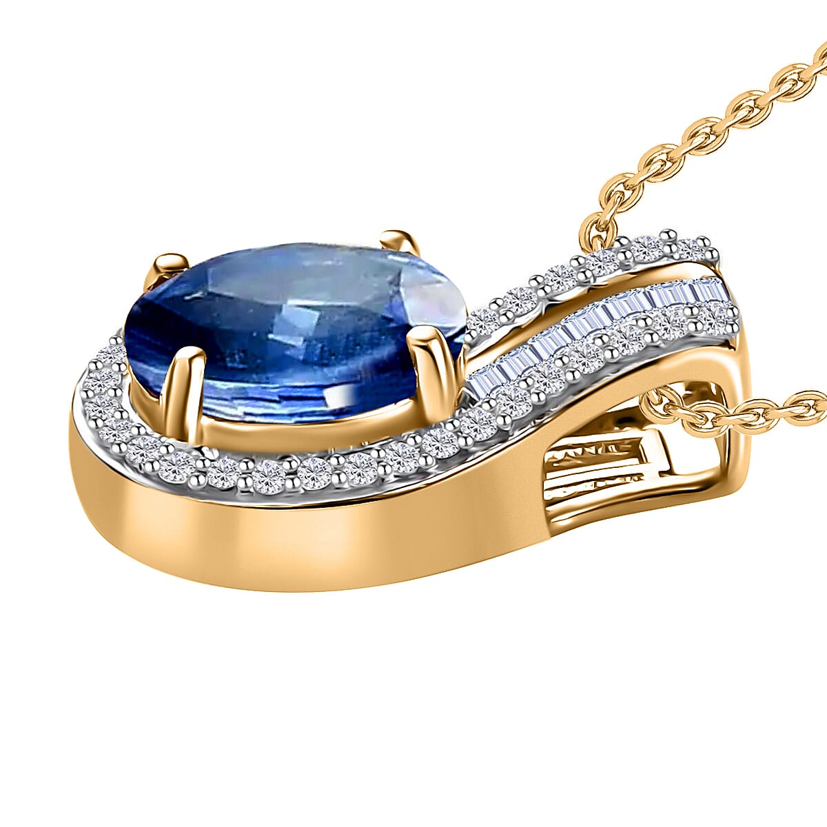 Luxoro 14K Yellow Gold Premium Kanchanaburi Blue Sapphire, Diamond (G-H, I1) (0.19 cts) Pendant Necklace 20 Inches 1.55 ctw image number 2
