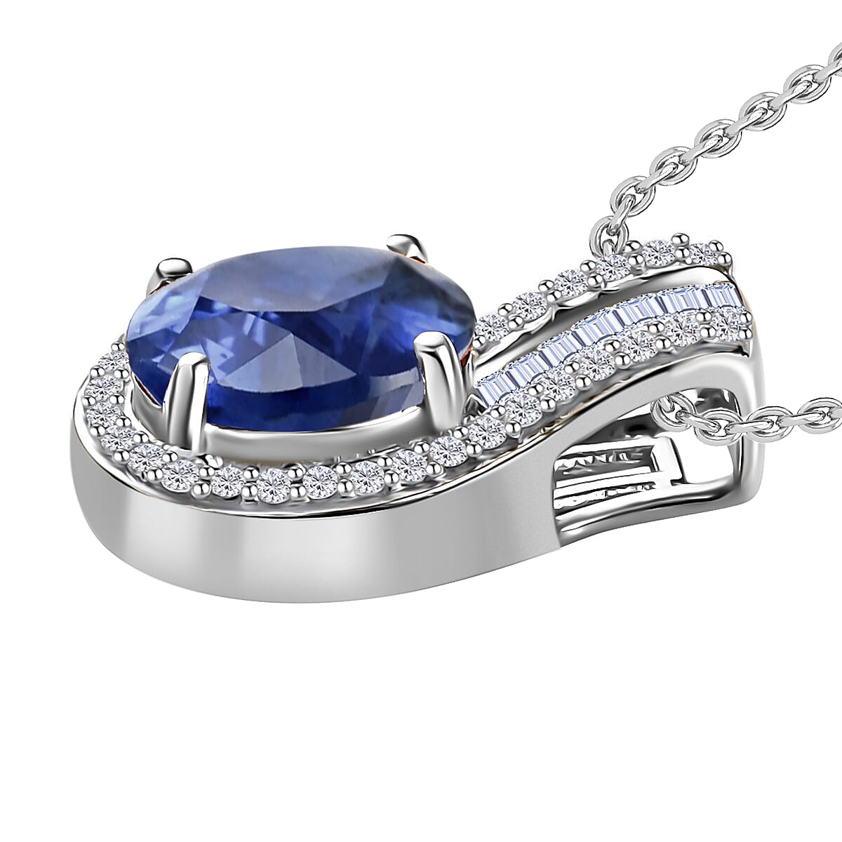 Rhapsody 18K White Gold AAAA Ceylon Blue Sapphire, Diamond E-F VS2 (0.19 cts) Pendant Necklace 20 Inches 1.55 ctw image number 2