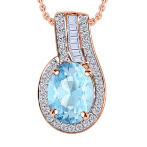 Luxoro Premium Mangoro Aquamarine and G-H I1 Diamond 1.50 ctw Pendant Necklace 20 Inches in 14K Rose Gold