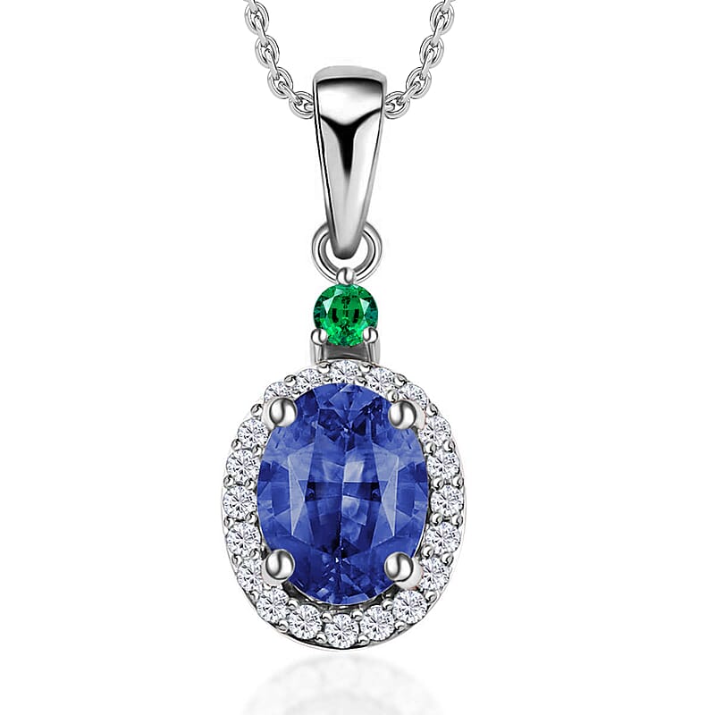 Luxoro Premium Tanzanite, Boyaca Colombian Emerald and G-H I1 Diamond 1.60 ctw Pendant Necklace 20 Inches in 14K White Gold