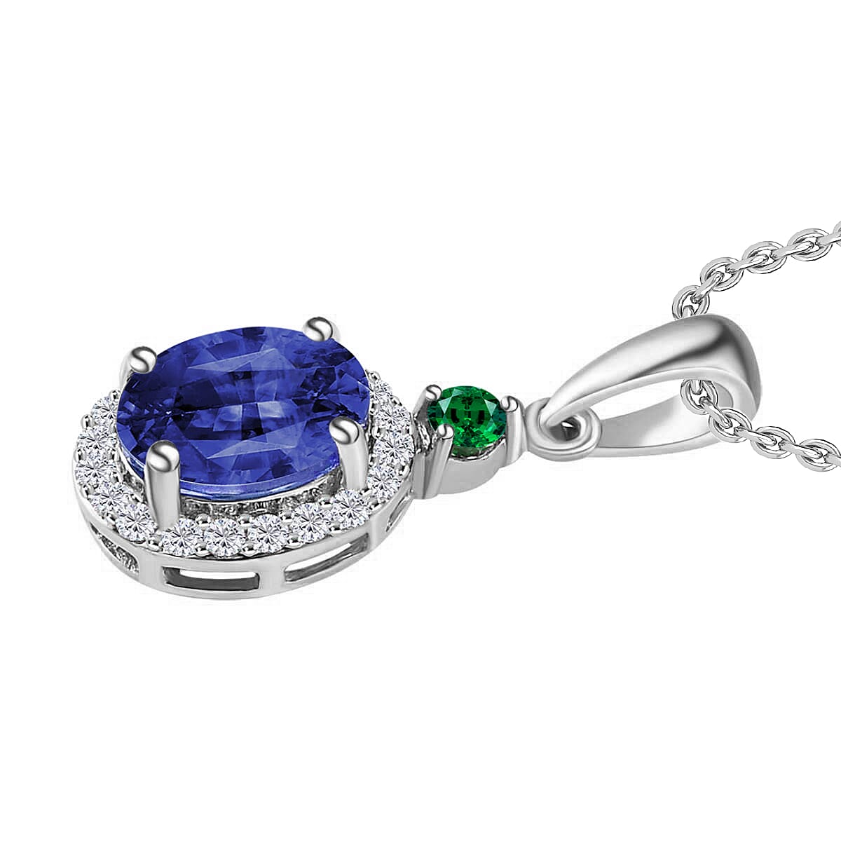 Rhapsody AAAA Tanzanite, Boyaca Colombian Emerald and E-F VS2 Diamond 1.60 ctw Pendant Necklace 20 Inches in 950 Platinum (Del. in 10-12 Days) image number 2