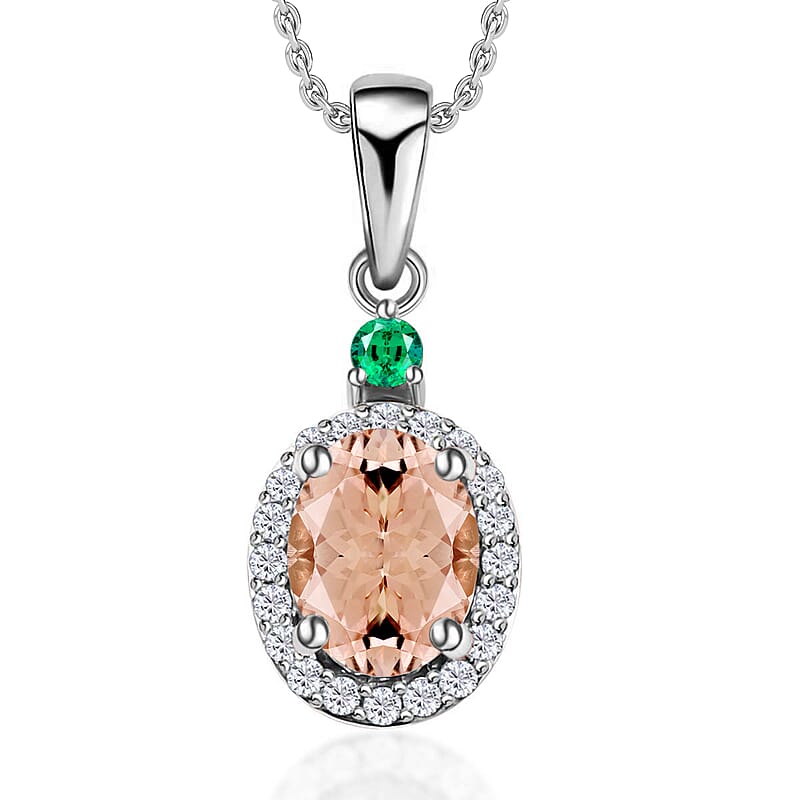 Luxoro Premium Marropino Morganite, Boyaca Colombian Emerald and G-H I1 Diamond 1.55 ctw Pendant Necklace 20 Inches in 14K White Gold