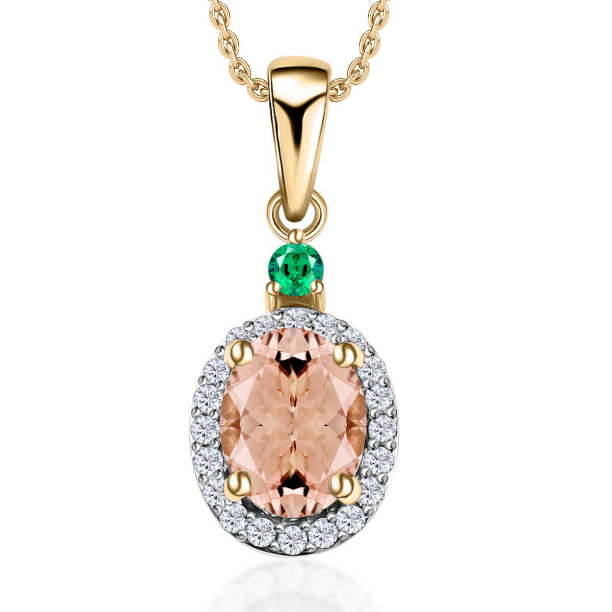 Luxoro Premium Marropino Morganite, Boyaca Colombian Emerald and G-H I1 Diamond 1.55 ctw Pendant Necklace 20 Inches in 14K Yellow Gold image number 0