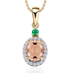 Luxoro Premium Marropino Morganite, Boyaca Colombian Emerald and G-H I1 Diamond 1.55 ctw Pendant Necklace 20 Inches in 14K Yellow Gold
