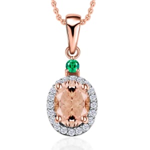 Luxoro Premium Marropino Morganite, Boyaca Colombian Emerald and G-H I1 Diamond 1.55 ctw Pendant Necklace 20 Inches in 14K Rose Gold
