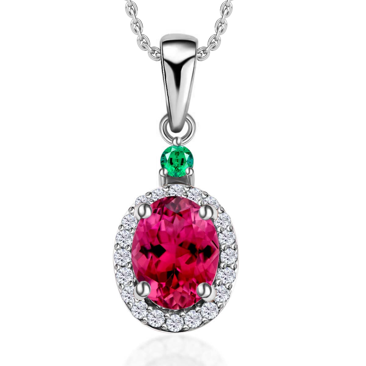 Luxoro Premium Ouro Fino Rubellite, Boyaca Colombian Emerald and G-H I1 Diamond 1.55 ctw Pendant Necklace 20 Inches in 14K White Gold image number 0