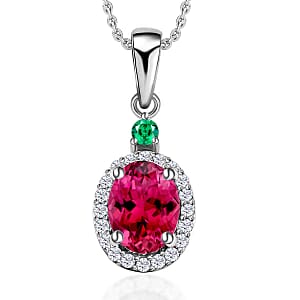 Luxoro Premium Ouro Fino Rubellite, Boyaca Colombian Emerald and G-H I1 Diamond 1.55 ctw Pendant Necklace 20 Inches in 14K White Gold