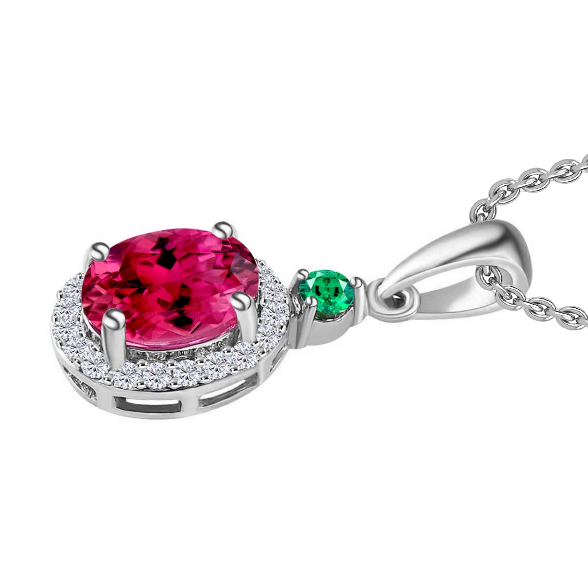Luxoro Premium Ouro Fino Rubellite, Boyaca Colombian Emerald and G-H I1 Diamond 1.55 ctw Pendant Necklace 20 Inches in 14K White Gold image number 2