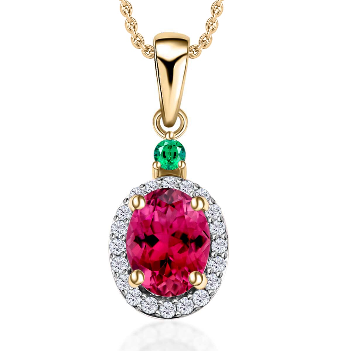 Luxoro Premium Ouro Fino Rubellite, Boyaca Colombian Emerald and G-H I1 Diamond 1.55 ctw Pendant Necklace 20 Inches in 14K Yellow Gold image number 0
