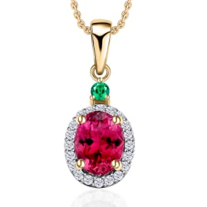 Luxoro Premium Ouro Fino Rubellite, Boyaca Colombian Emerald and G-H I1 Diamond 1.55 ctw Pendant Necklace 20 Inches in 14K Yellow Gold