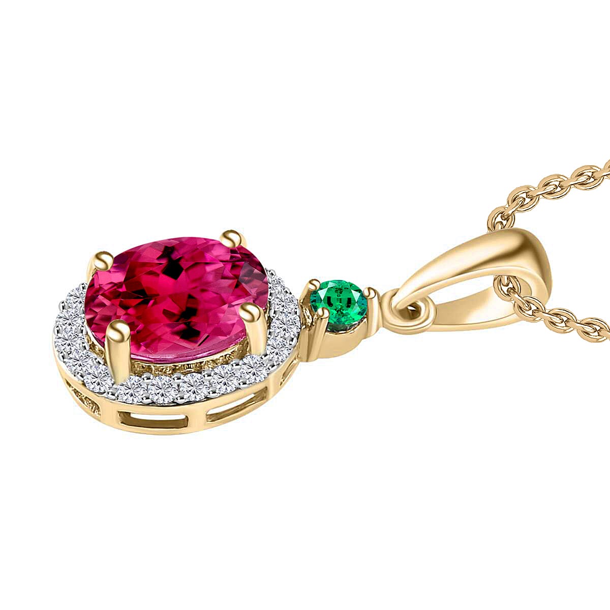 Luxoro Premium Ouro Fino Rubellite, Boyaca Colombian Emerald and G-H I1 Diamond 1.55 ctw Pendant Necklace 20 Inches in 14K Yellow Gold