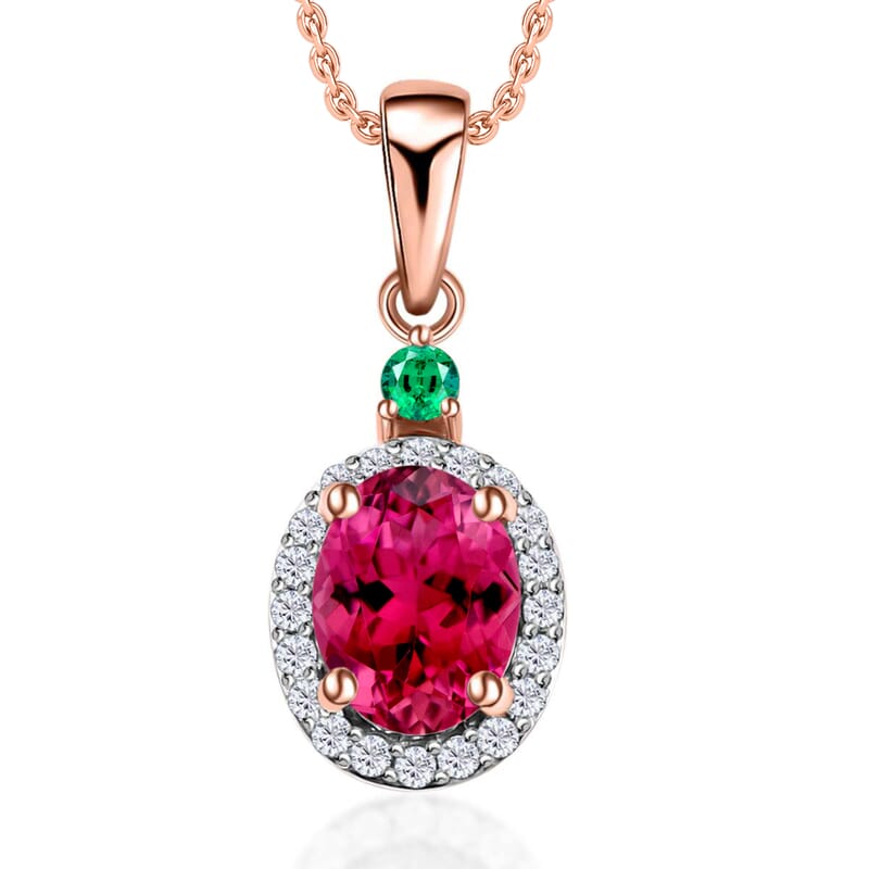 Luxoro Premium Ouro Fino Rubellite, Boyaca Colombian Emerald and G-H I1 Diamond 1.55 ctw Pendant Necklace 20 Inches in 14K Rose Gold