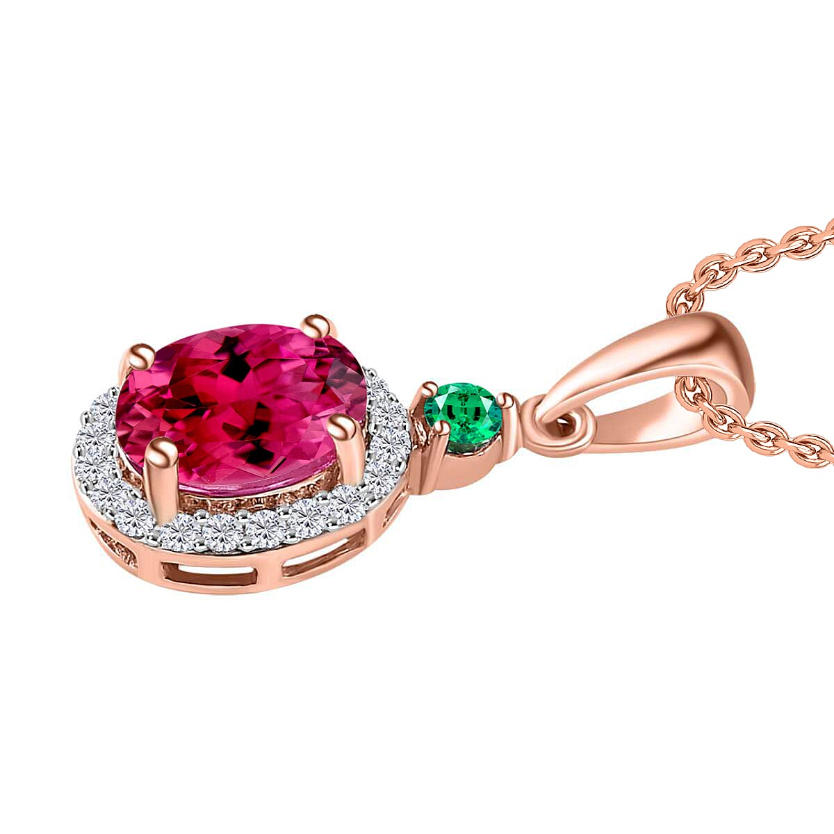 Luxoro Premium Ouro Fino Rubellite, Boyaca Colombian Emerald and G-H I1 Diamond 1.55 ctw Pendant Necklace 20 Inches in 14K Rose Gold